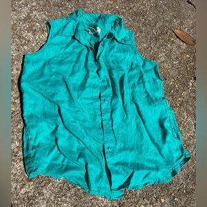 Eddie Bauer 100% Linen Turquoise Sleeveless Button-Down Shirt Size M *flaw